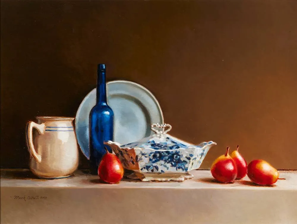 RED PEARS AND BLUE by Mark O'Neill, 2002, oil on board, sold Oct 2023
