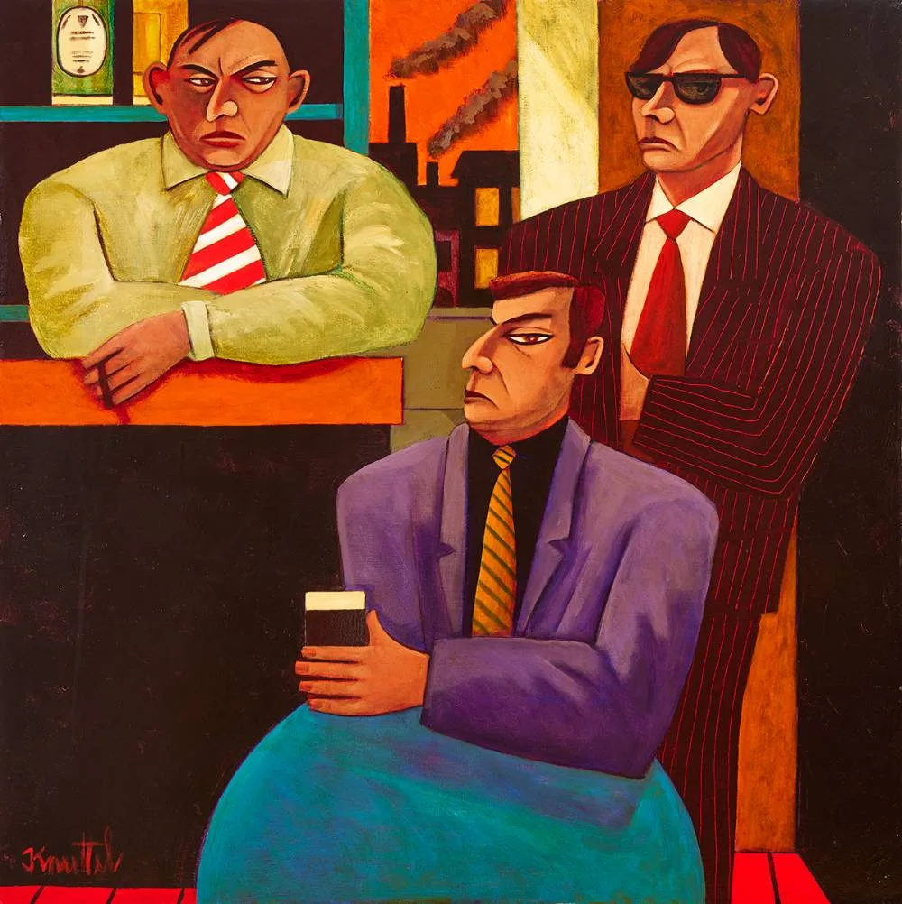 THREE GENTLEMEN by Graham Knuttel, oil on canvas; (unframed), sold Oct 2023