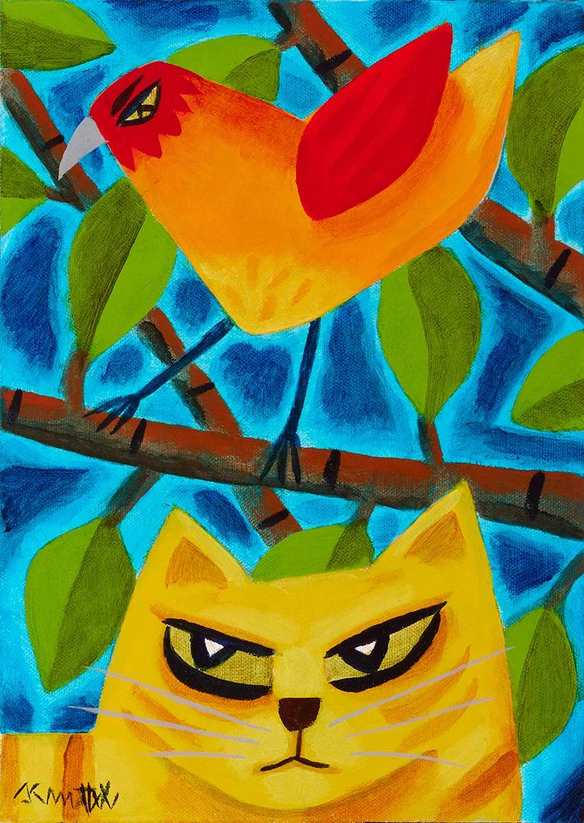 CAT AND BIRD by Graham Knuttel, oil on canvas, sold Oct 2023