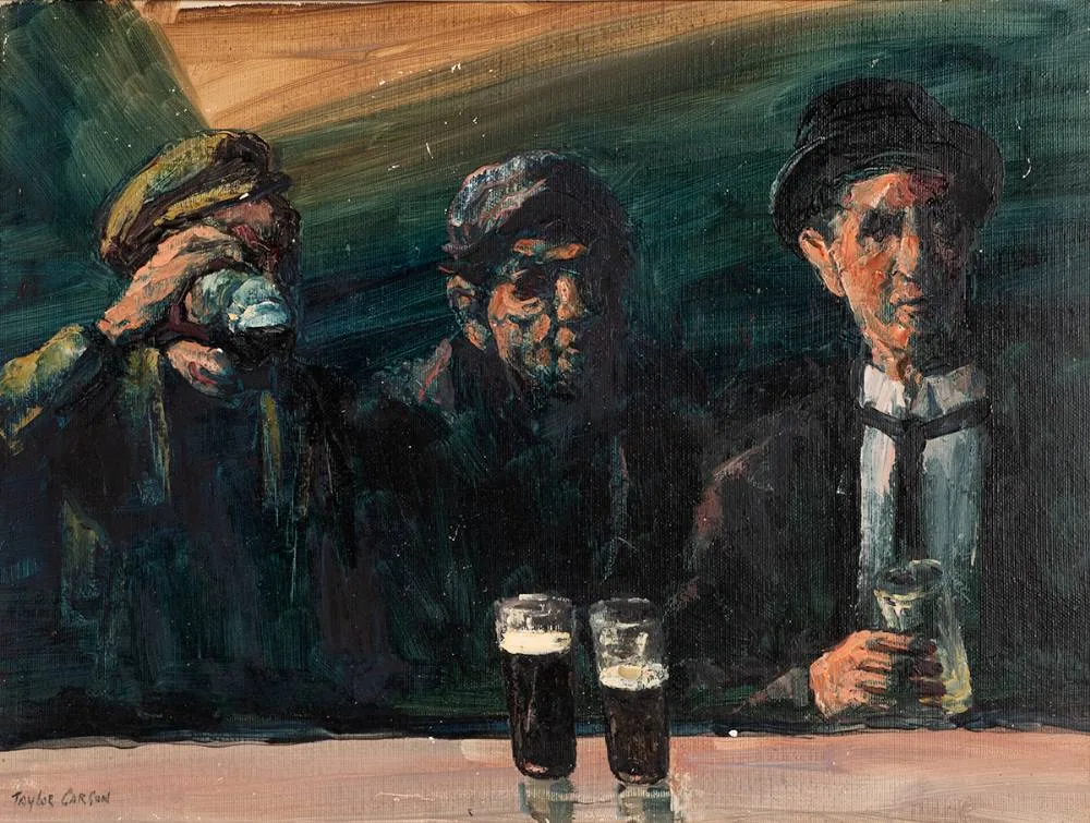 DUBLIN DRINKERS by Robert Taylor Carson, 1979, oil on canvas, offered Jul 2023