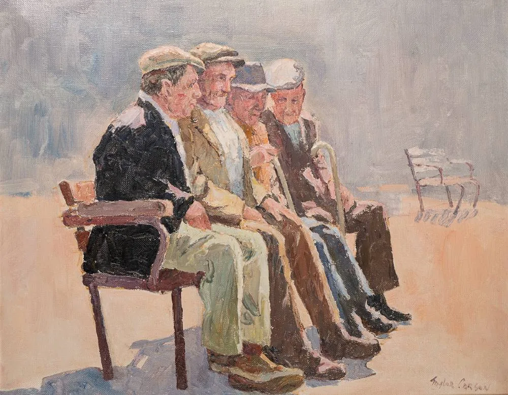 PENSIONER'S CORNER by Robert Taylor Carson, 1980, oil on canvas, offered Jul 2023