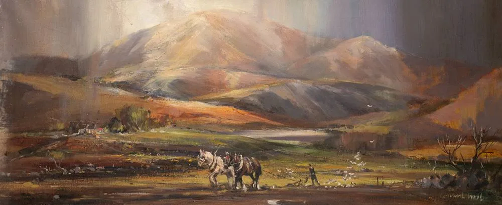 PLOUGHING HORSES by Kenneth Webb, oil on canvas, offered Jul 2023