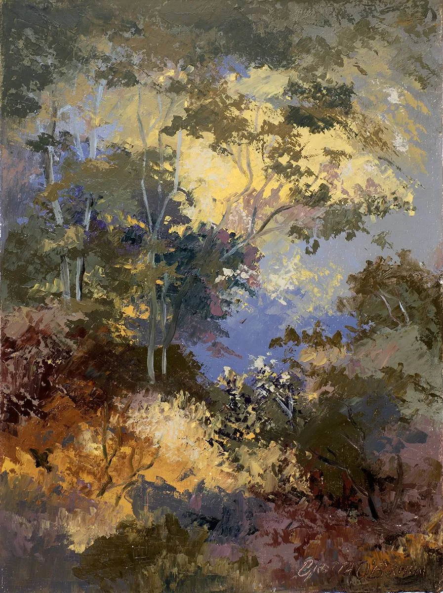 FOREST SCENE by Gretta O'Brien, oil on canvas, sold Jul 2023