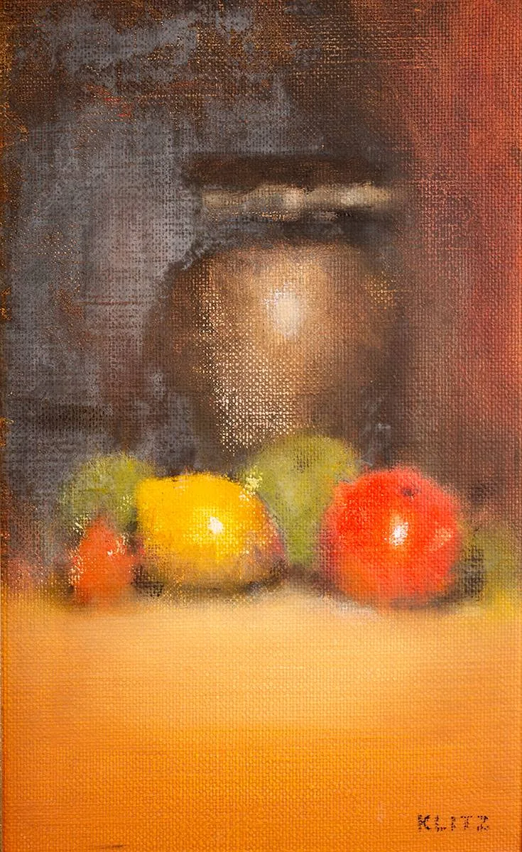 STILL LIFE WITH FRUIT by Anthony Robert Klitz, oil on canvas laid on board, sold Jul 2023