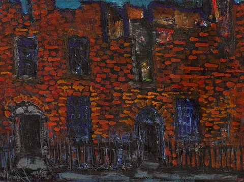 STREET SCENE, DUBLIN by Seán McSweeney, 1960, oil on board, sold Jul 2023