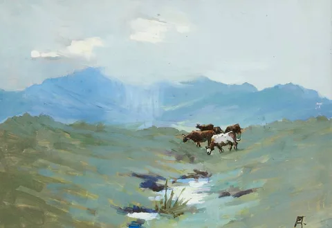 Eileen Murray, LANDSCAPE WITH COWS, oil on board
