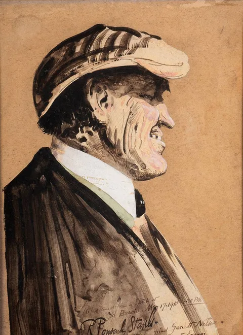 SKETCH OF J. D. BOWIE by Sir Robert Staples, 12th Baronet, 1910, ink and watercolour, offered Jul 2023