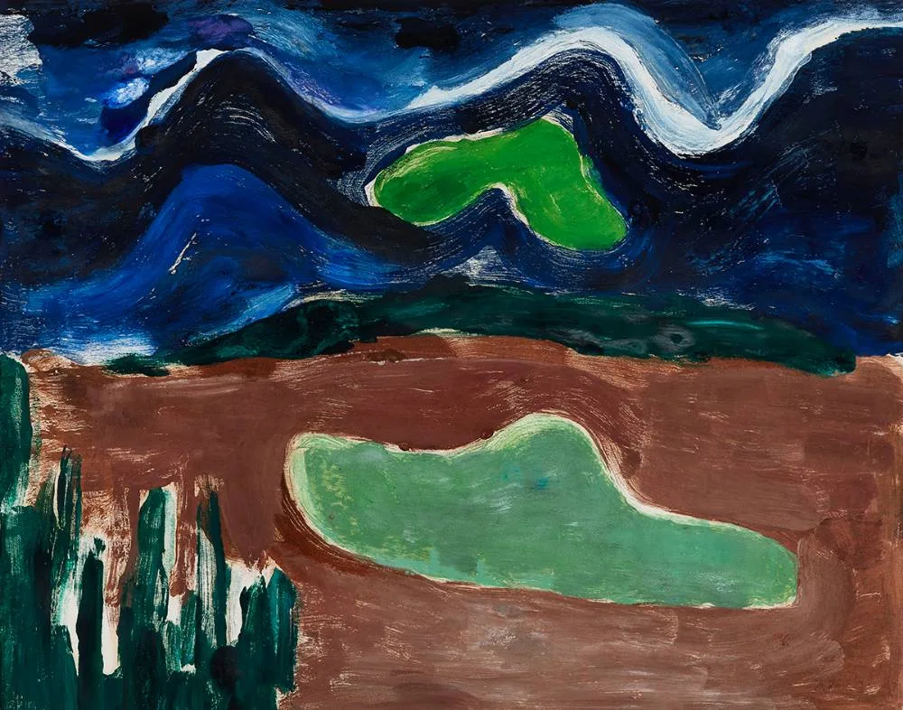 Dairine Vanston, LANDSCAPE WITH LAKE AND HILLS, 1964, oil on paper