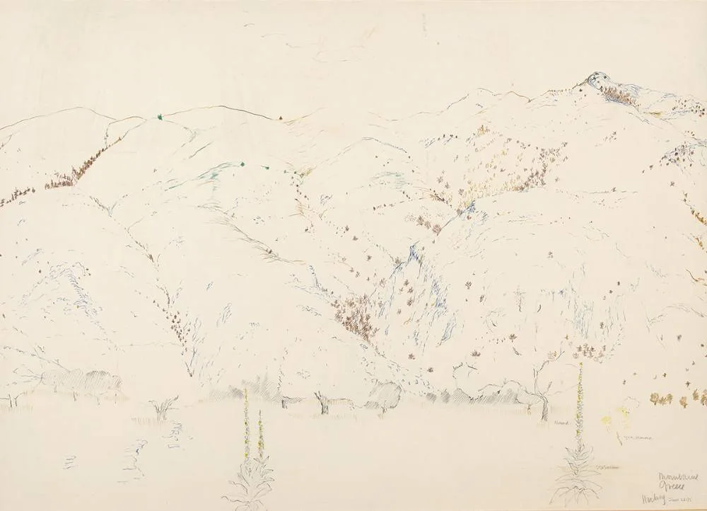 MOUNTAIN, GREECE by Patrick Hickey, 1975, coloured pencil, offered Jul 2023