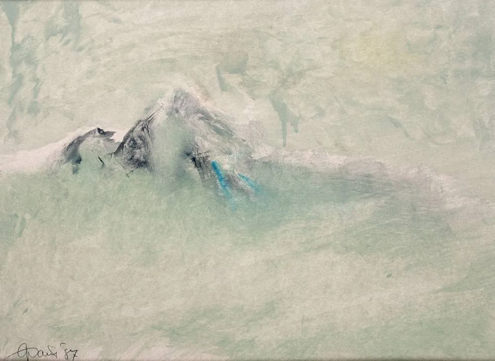 SKELLIGS IN THE MIST by Gerald Davis, 1987, watercolour, sold Jul 2023