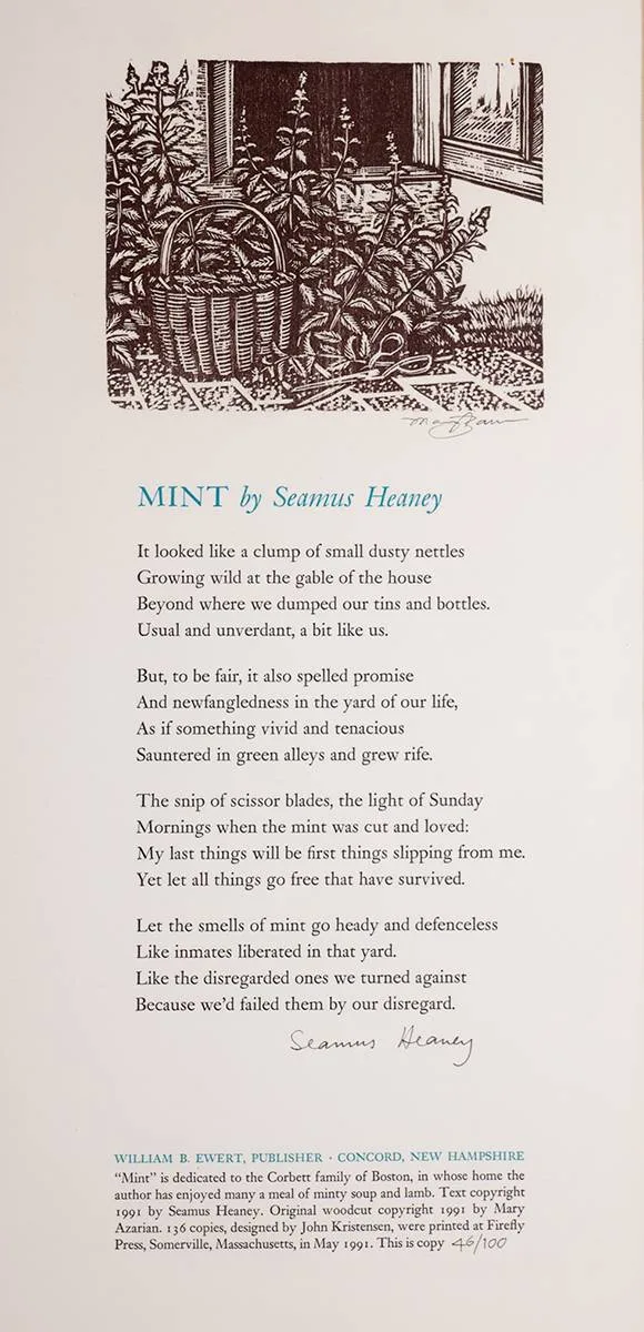 MINT by Seamus Heaney, limited edition print; (no. 46 from edition of 100), sold Jul 2023