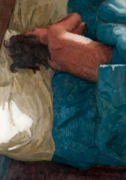 James MacKeown, WOMAN IN BLUE BED, oil on canvas