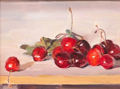 Therese McAllister, STILL LIFE WITH CHERRIES, oil on board