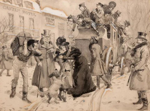 Hugh Thomson, STREET SCENE AT JACK STRAW'S CASTLE, pencil and ink heightened with white