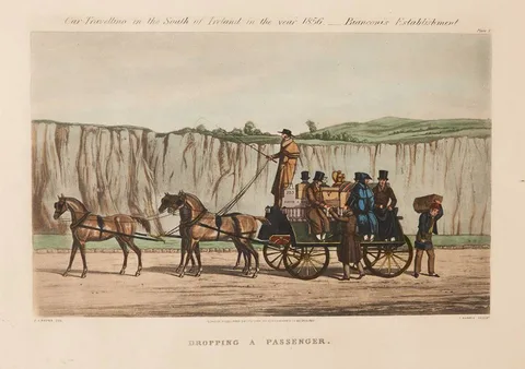Michael Angelo Hayes, CAR TRAVELLING IN THE SOUTH OF IRELAND IN THE YEAR 1856, BIANCONI'S ESTABLISHMENT (COMPLETE SET OF SIX), hand-coloured aquatints; (6)