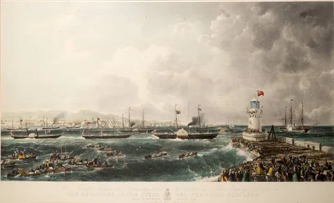 Charles Mottram, THE DEPARTURE OF THE QUEEN AND THE ROYAL SQUADRON FROM KINGSTOWN, colour print