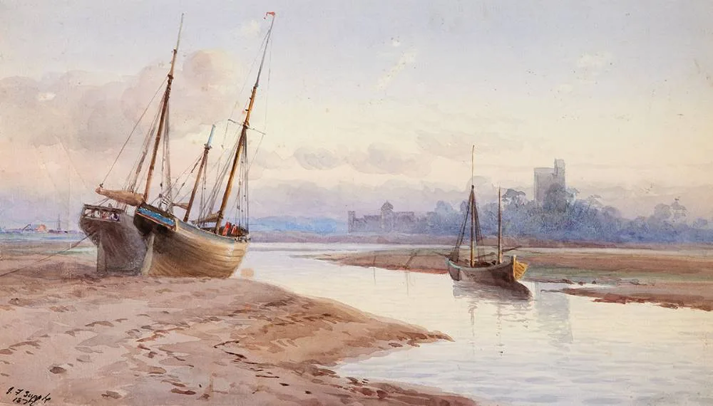 BEACHED BOATS by John F. Supple, 1872, watercolour, sold Jul 2023