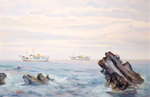 Stanley Pettigrew, IRISH LIGHTSHIPS AT BLACK CASTLE, WICKLOW TOWN, oil on board