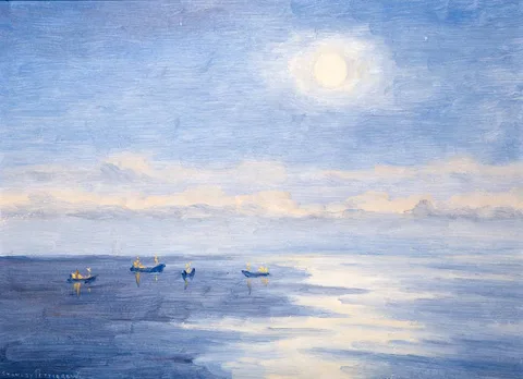 Stanley Pettigrew, MOONLIT SCENE WITH BOATS AT SEA, oil on board