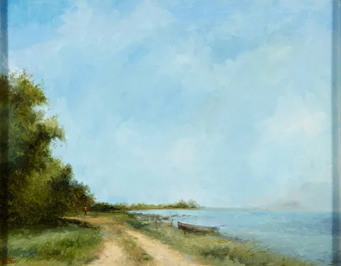 Leo Earley, FISHERMAN ON THE SHORE OF THE CORRIB, NEAR OUGHTERARD, COUNTY GALWAY, oil on canvas laid on board