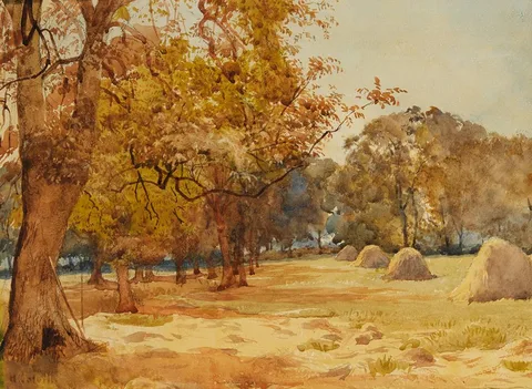 THE HAYFIELD by Helen Colvill, watercolour, offered Jul 2023