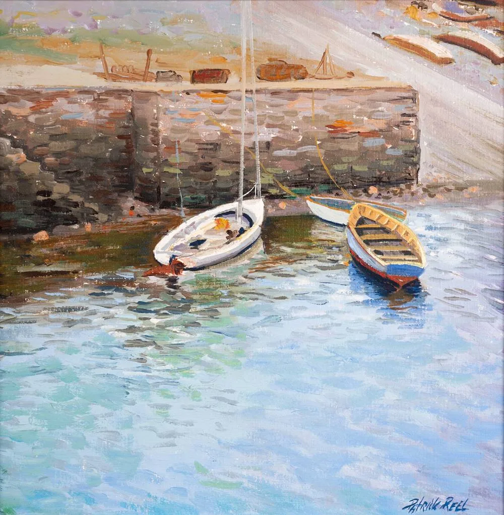 Patrick Reel, A QUIET CORNER OF THE HARBOUR, BALTIMORE, COUNTY CORK, 1989, oil on board