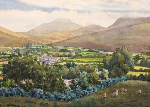 Patric Stevenson, THE MOURNES FROM CLONDUFF, HILLTOWN, 1953, watercolour
