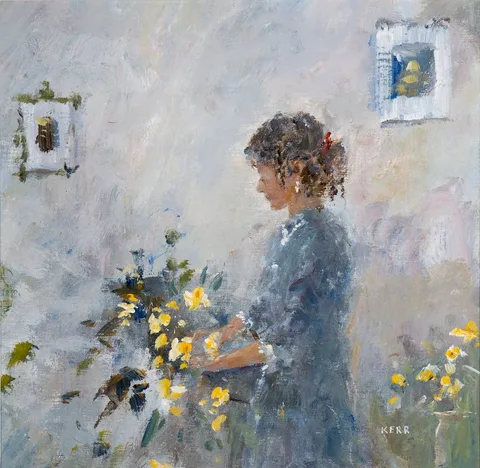 Tom Kerr, ARRANGING FLOWERS, oil on board