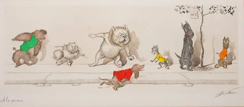 Boris O'Klein, A LA QUEUE, hand-coloured etching