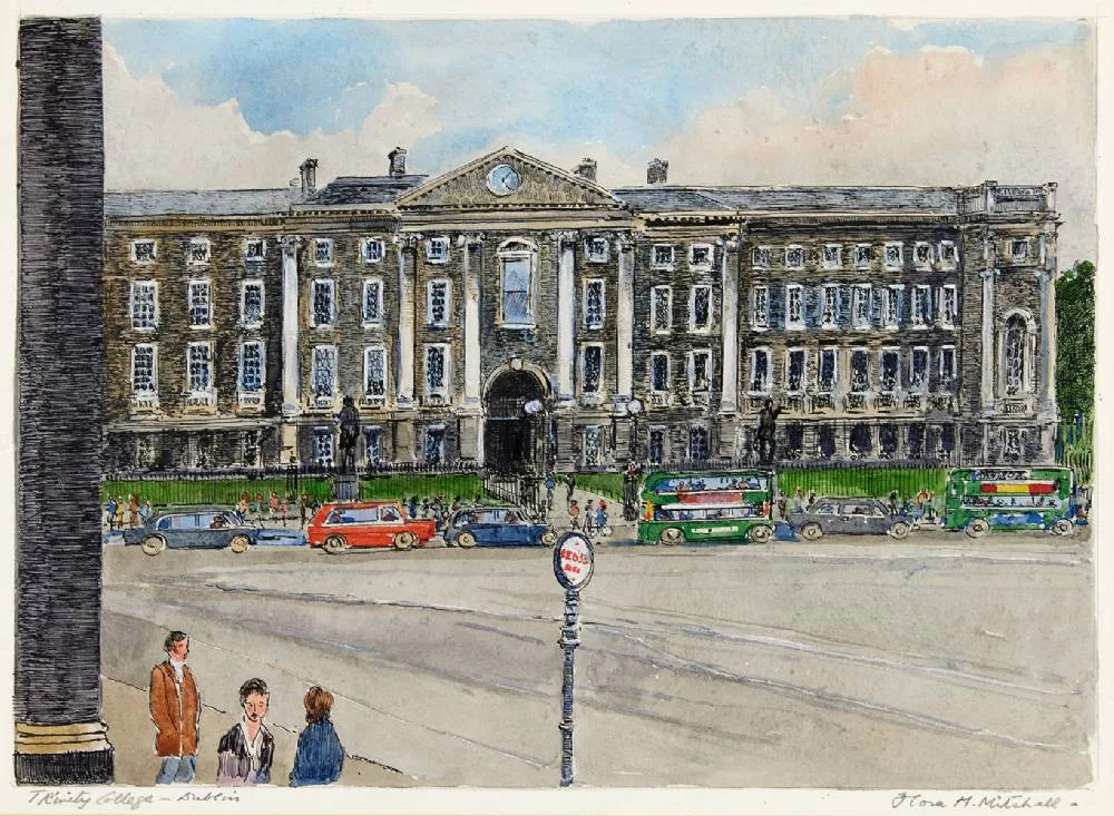 TRINITY COLLEGE, DUBLIN by Flora Mitchell, watercolour and ink, sold May 2023