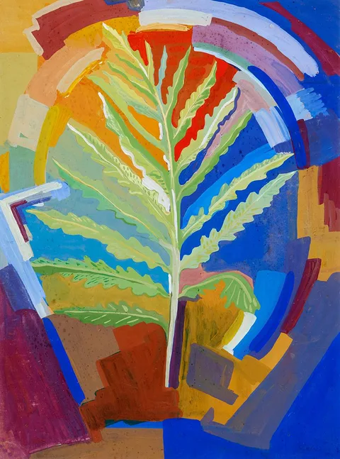 FERN STUDY WITH CUBIST SURROUND by Evie Hone, gouache, sold May 2023