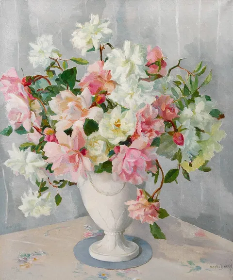BOUQUET OF ROSES by Moyra Barry, oil on canvas, offered May 2023