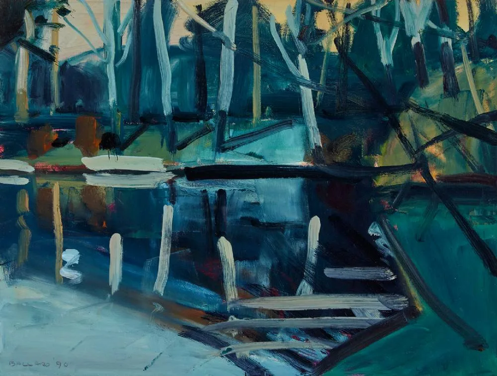 TREES BY A LAKE by Brian Ballard, 1990, oil on canvas, sold May 2023