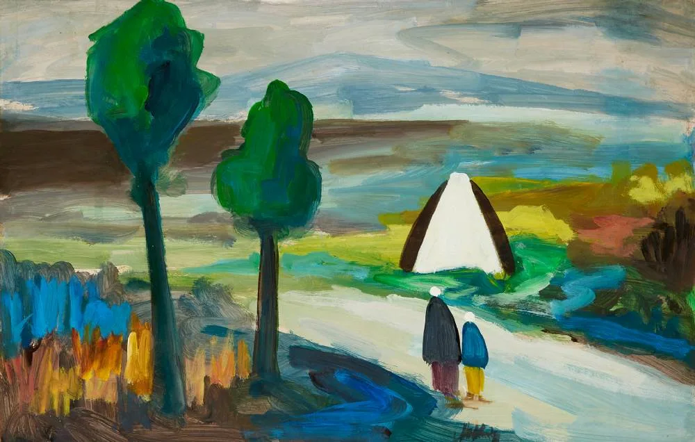 GOING HOME by Markey Robinson, oil and gouache on board, sold May 2023