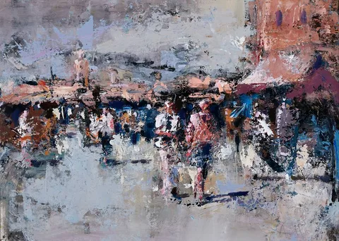 Andrew Hood, EVENING MARKET, DUBLIN, oil on board