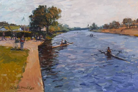 WARMING UP, ISLAND BRIDGE, DUBLIN by Desmond Hickey, 1989, oil on board, sold Apr 2023