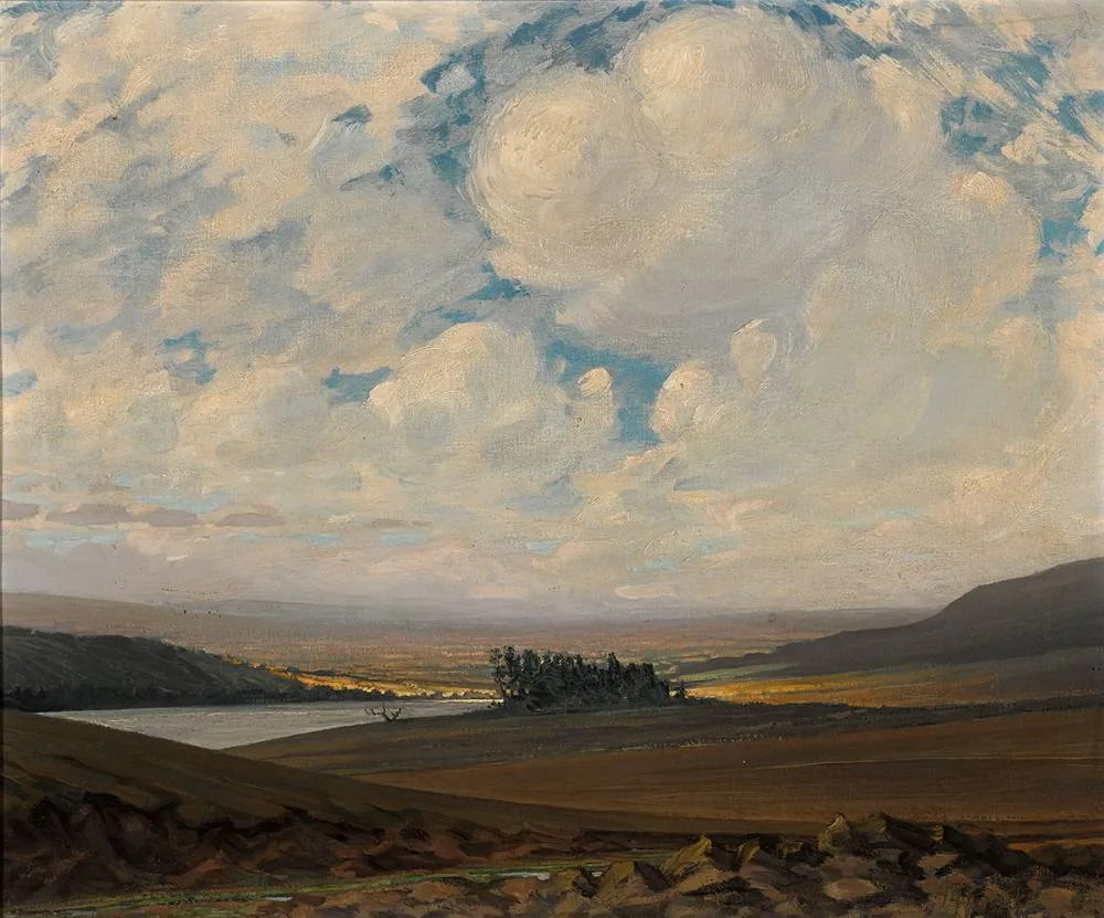 SCIMITAR LAKE, LOOKING NORTH by Jeremiah Hoad, oil on canvas, sold Apr 2023
