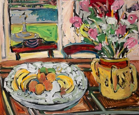 Elizabeth Cope, STILL LIFE WITH FRUIT AND FLOWERS, oil on board