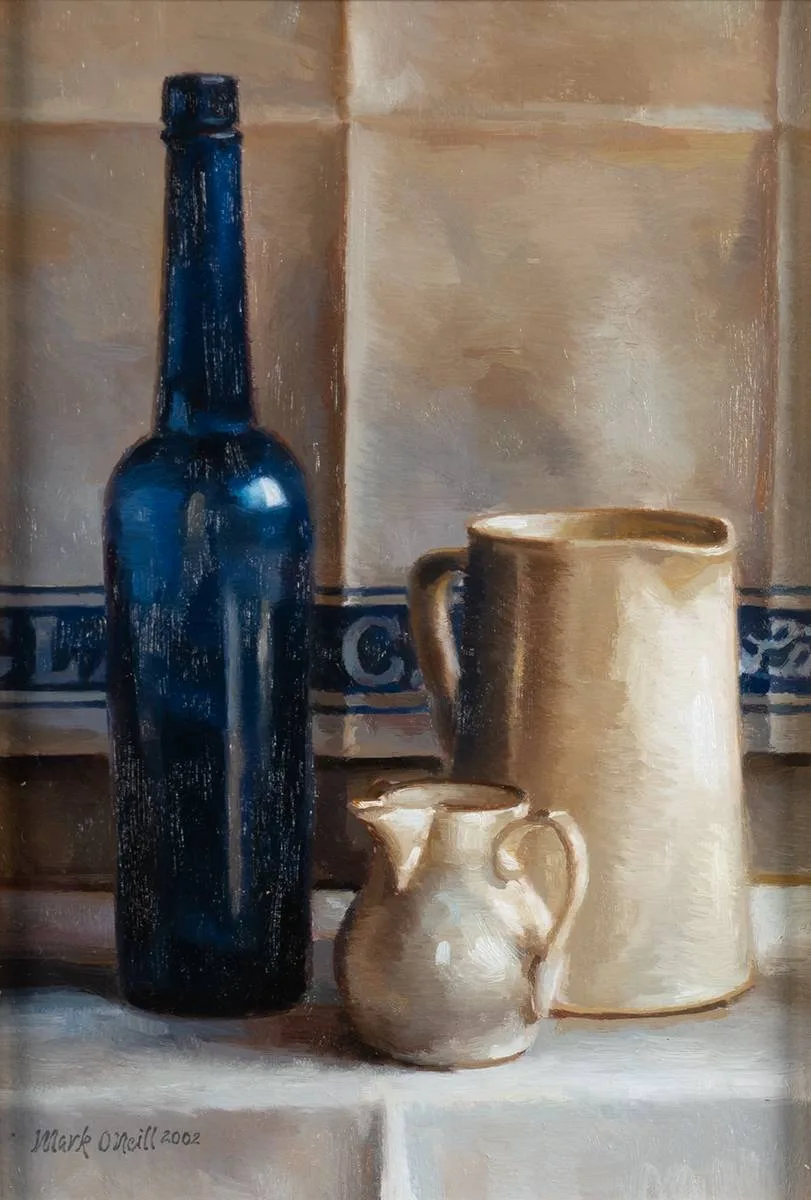 TALL BLUE AND SIDE HANDLE by Mark O'Neill, 2002, oil on board, sold Apr 2023