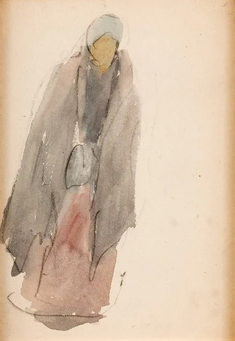 GREY SHAWL and WALKING GENTLEMAN (A PAIR) by Michael Healy, watercolour; (2), sold Apr 2023