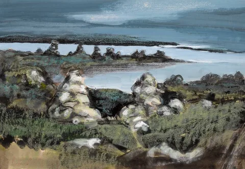 DESERTED COTTAGES, ROUNDSTONE BAY by Arthur Armstrong, mixed media on panel, sold Apr 2023