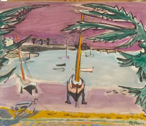 SAILBOATS IN A HARBOUR by Francis Tailleux, 1942, oil on canvas, sold Apr 2023