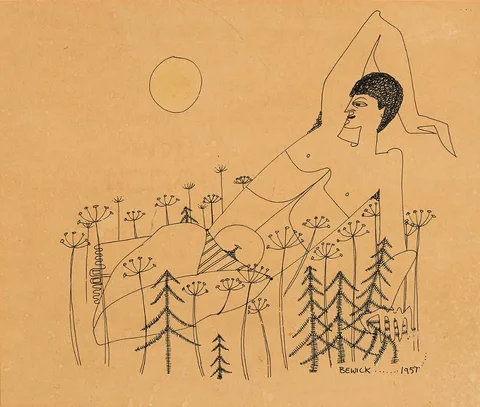 FIGURE AND TREES by Pauline Bewick, 1957, ink, sold Apr 2023
