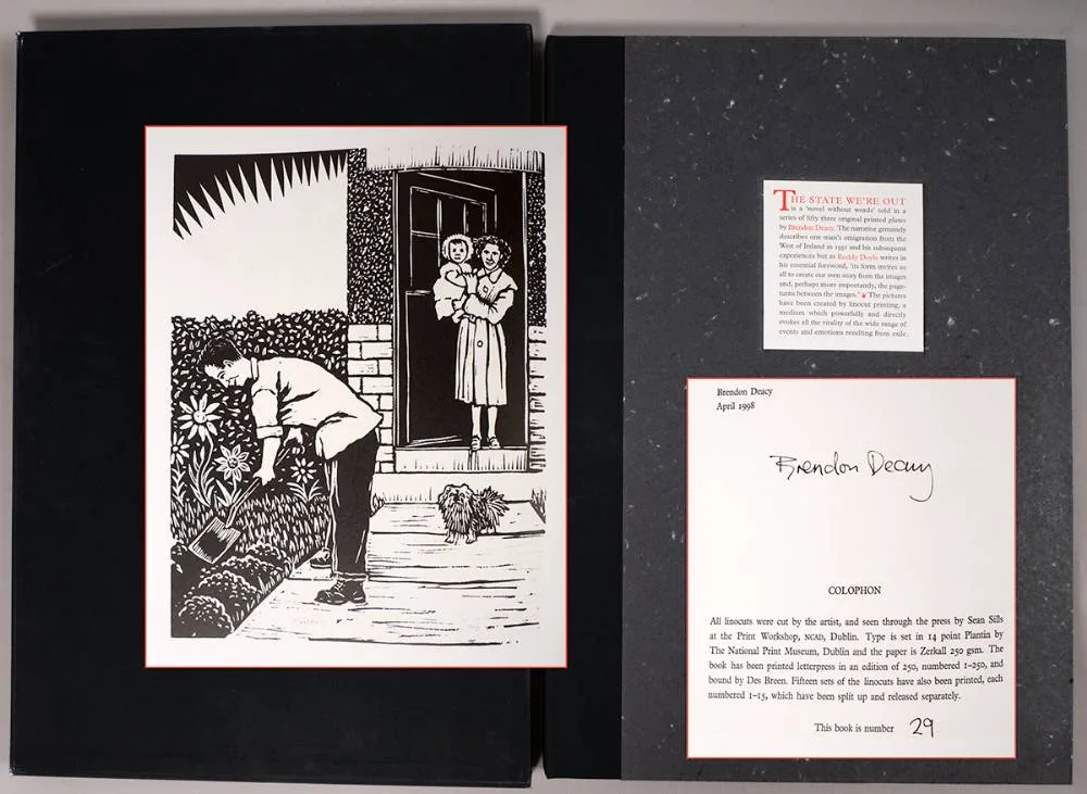 Brendon Deacy, THE STATE WE'RE OUT, 1998, limited edition artists book of linocuts with letterpress on Zerkall paper; (no. 29 from an edition of 250)