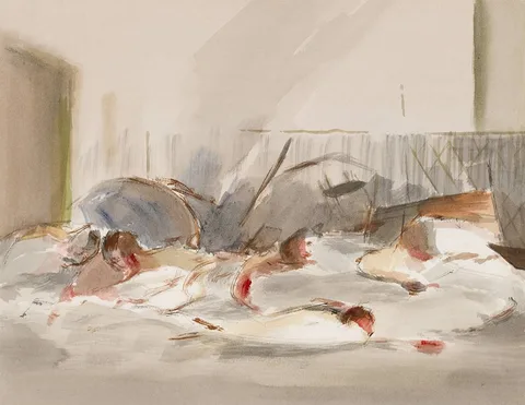 John Kelly, FIGURES IN INTERIOR, 1972, watercolour