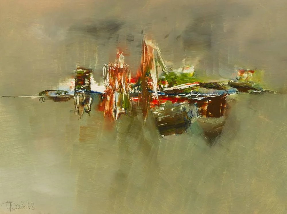 BAY SKYLINE by Gerald Davis, 1986, oil on board, sold Apr 2023