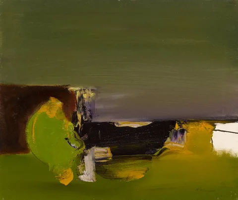 GREEN SHAPE IN LANDSCAPE by Noel Sheridan, oil on canvas, sold Apr 2023