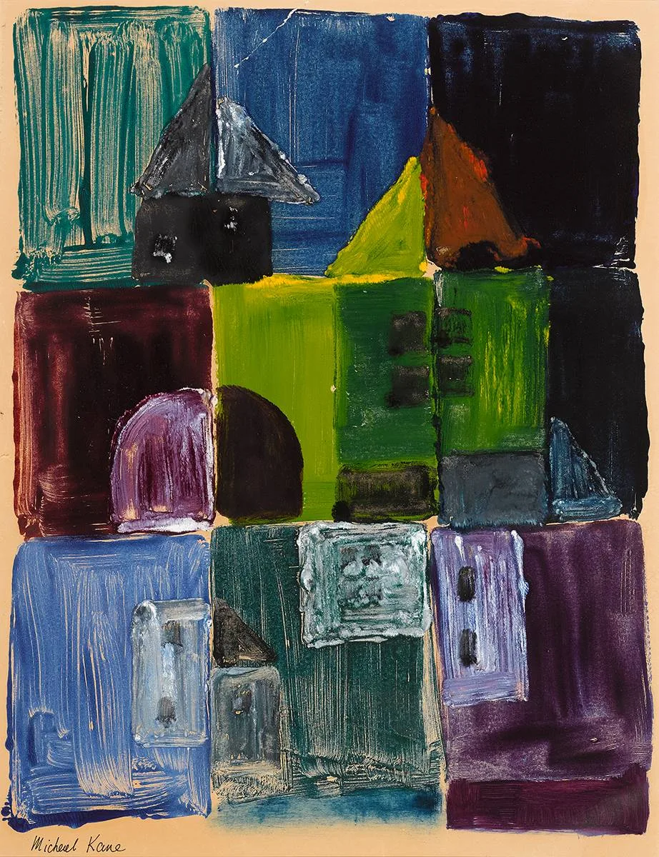 ABSTRACT by Michael Kane, acrylic with mixed media on paper, offered Apr 2023