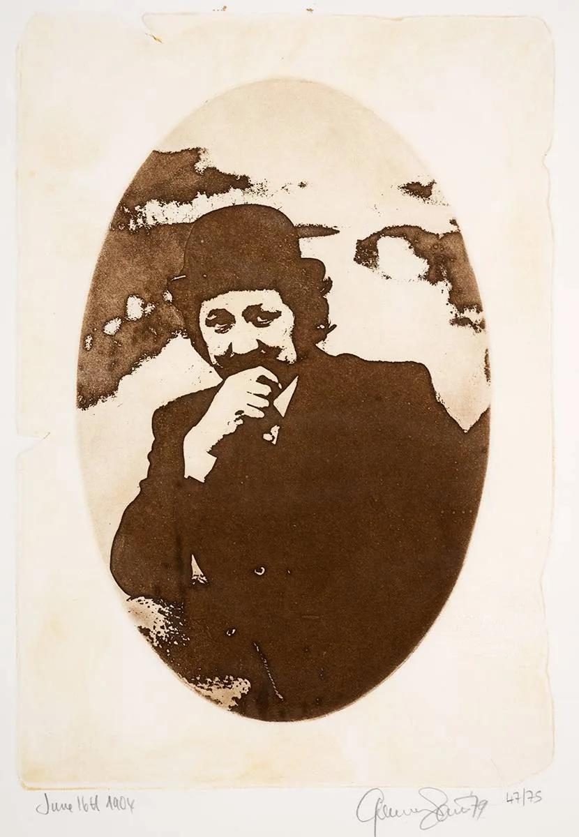 LEOPOLD BLOOM by Gerald Davis, 1979, sepia-tone etching; (no. 47 from an edition of 75), sold Apr 2023