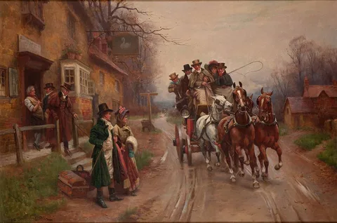 WAITING FOR THE MAIL by John Sanderson-Wells, oil on canvas, sold Apr 2023